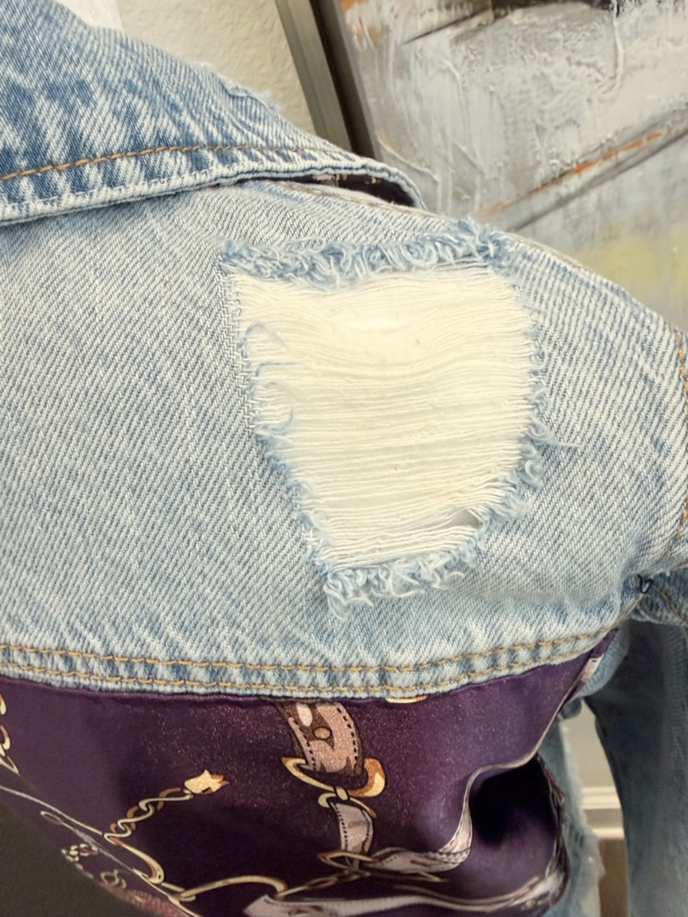 Light Wash Denim Jacket with Purple Chain-Print Back Panel, Medium NWT - Picture 4 of 6